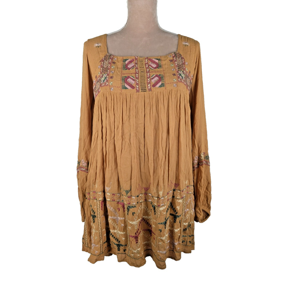 Free People Rhiannon Embroidered Dress S Mustard Boho Western Cowgirl Festival